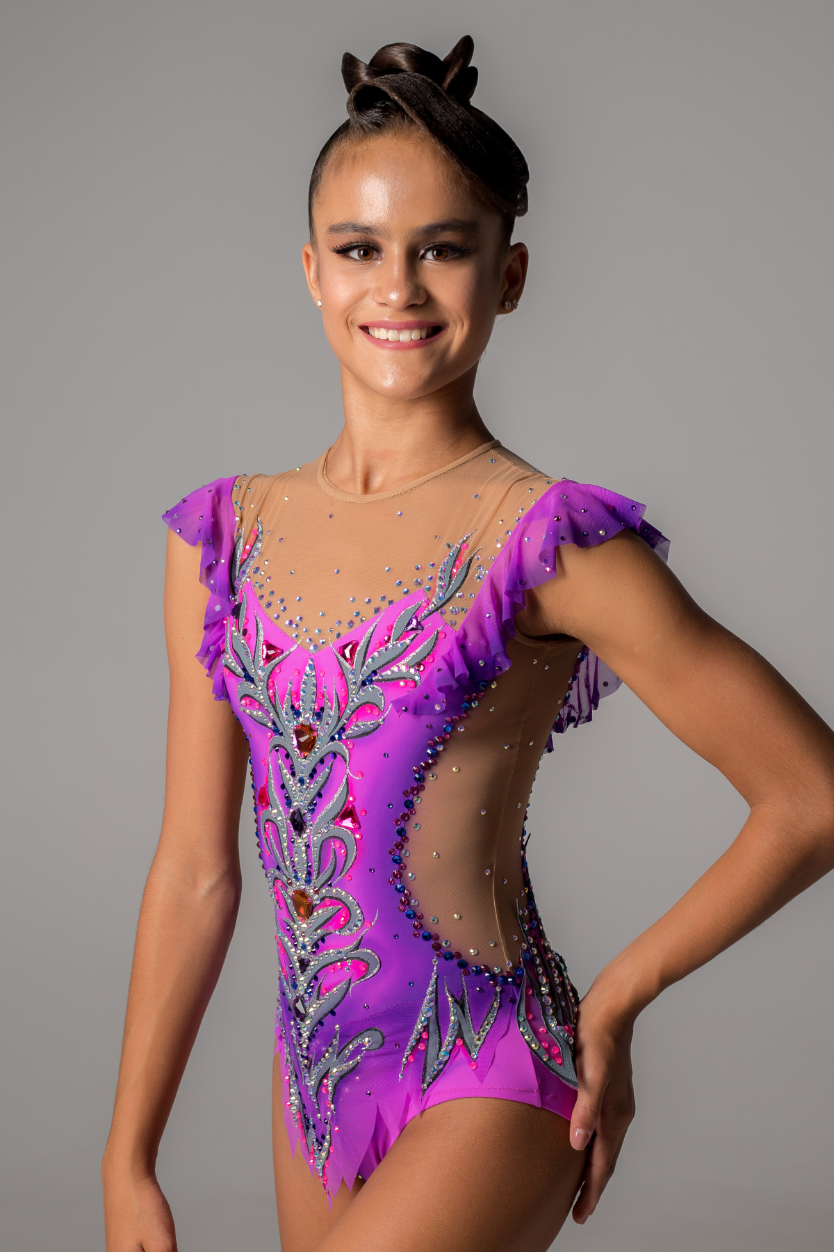 Купальник для художественной гимнастики Лепестки фиалки со стразами